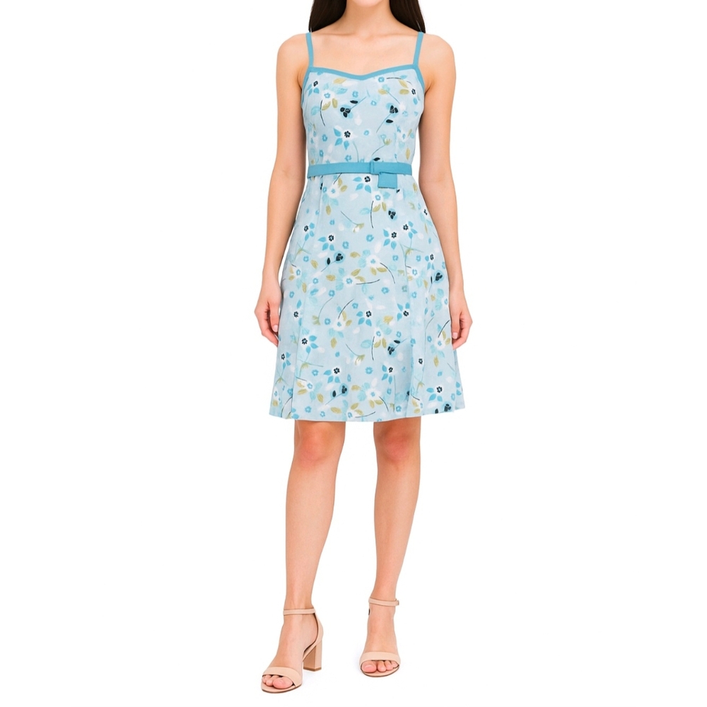 Ann Taylor Loft Summer Party Dress Blue Floral Linen Blend Sleeveless Si…